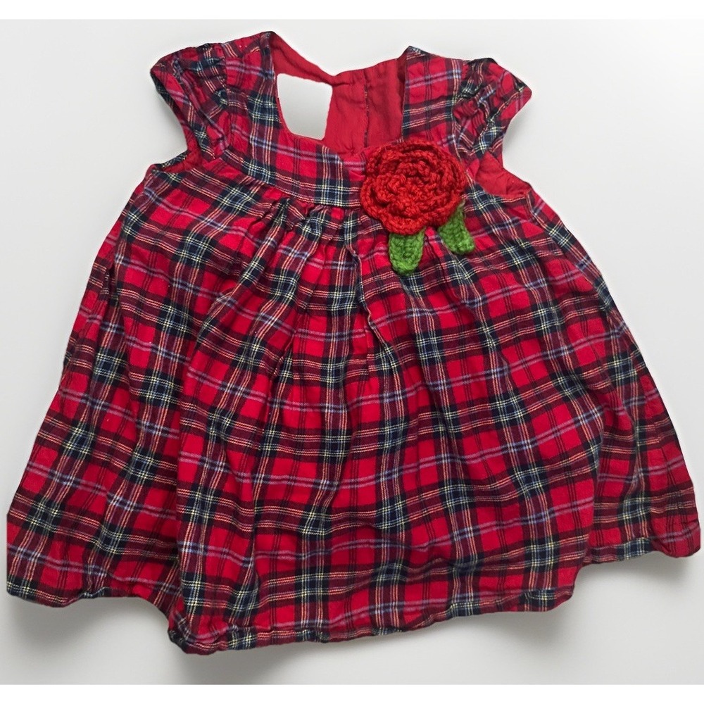 Vintage Laura Ashley Baby Girl Christmas Dress Crocheted Flower Tartan 12m